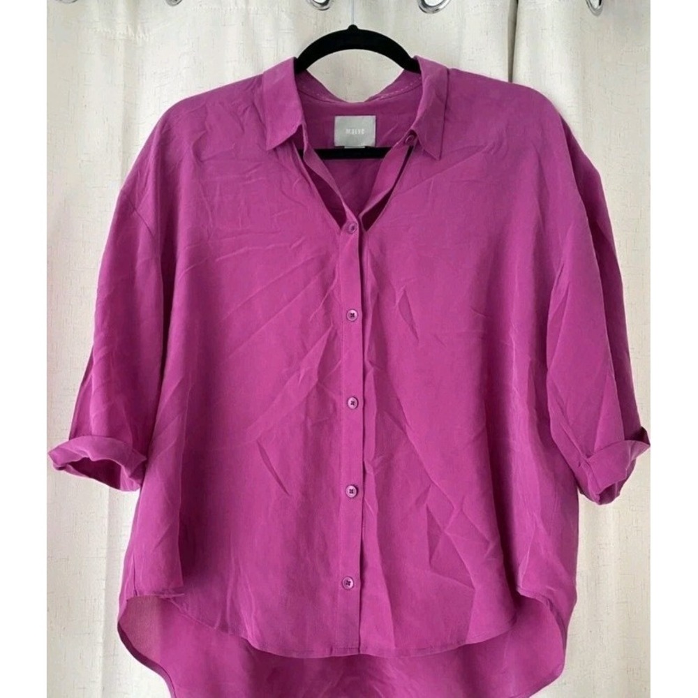 Maeve Anthropologie 100% Silk Magenta Button Up Blouse Uneven Hem XS Women Shirt
